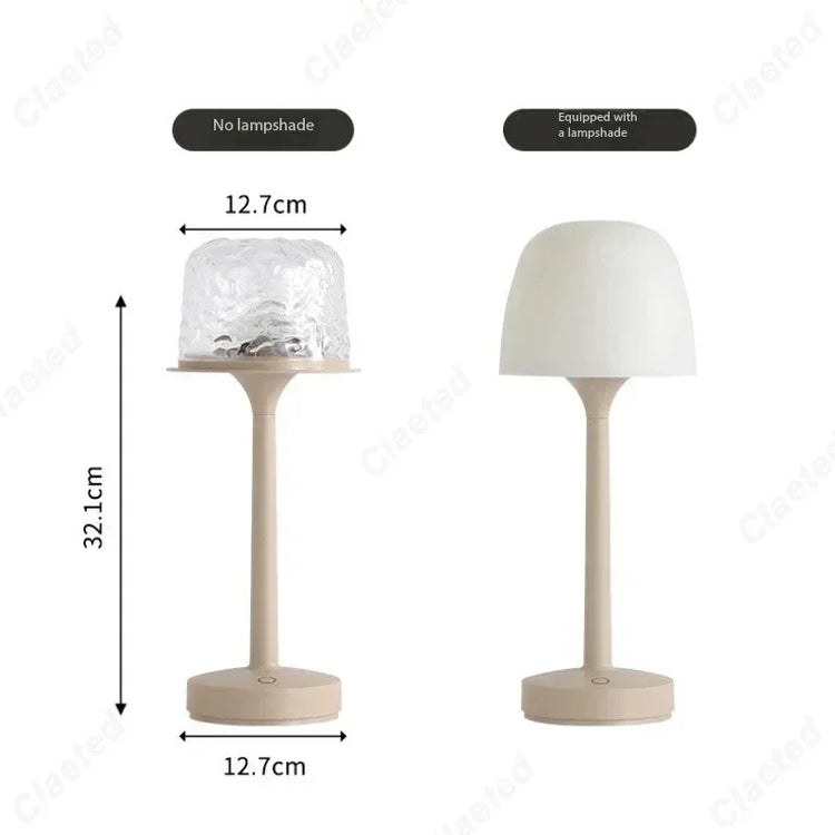 Modern beige table lamp with and without removable lampshade, showing dimensions and materials
