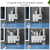 Wall-mounted white bathroom organizer with multiple toothbrush holders and storage compartments, shown in various home settings for single, couple, and family use.