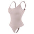 Beige ribbed bodysuit with adjustable spaghetti straps, seamless stretch fit.
