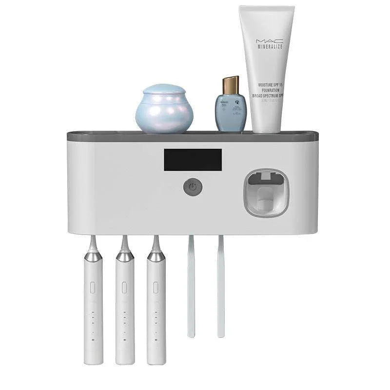 Modern wall-mounted toothbrush holder with slots for electric toothbrushes and bathroom essentials.