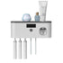 Modern wall-mounted toothbrush holder with slots for electric toothbrushes and bathroom essentials.