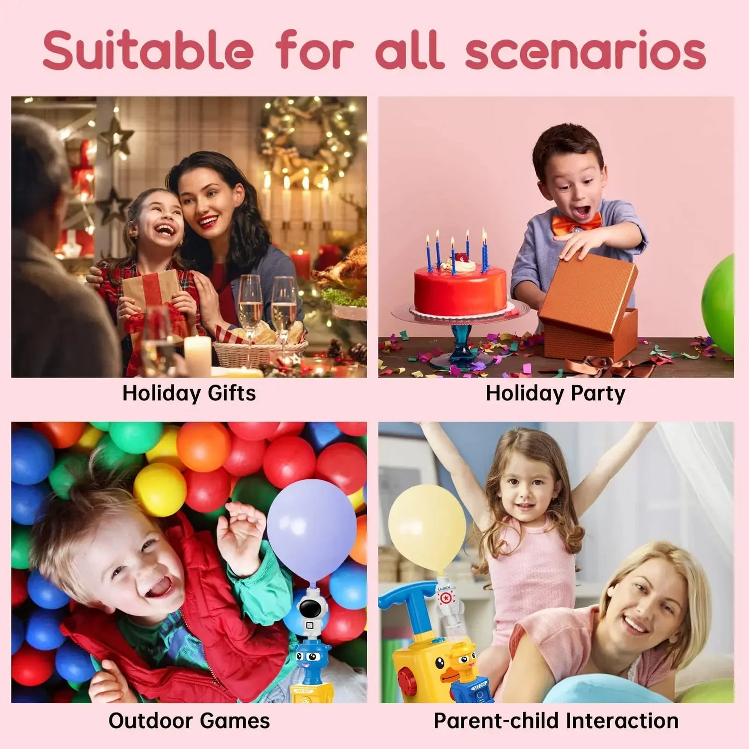 Collage showing kids and families enjoying holiday gifts, birthday party, outdoor games, and parent-child activities.