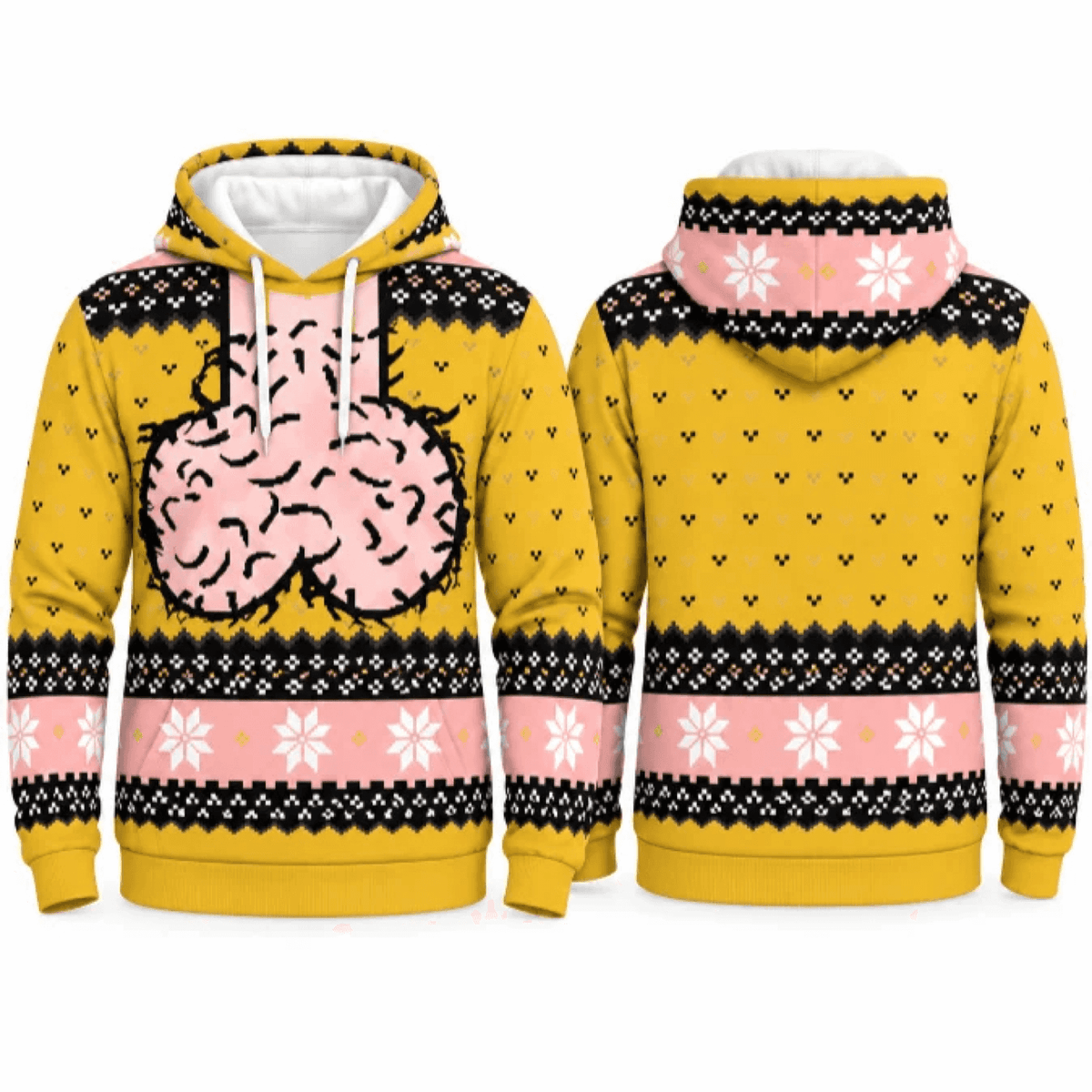 Front and back views of yellow adult humor Christmas hoodie
