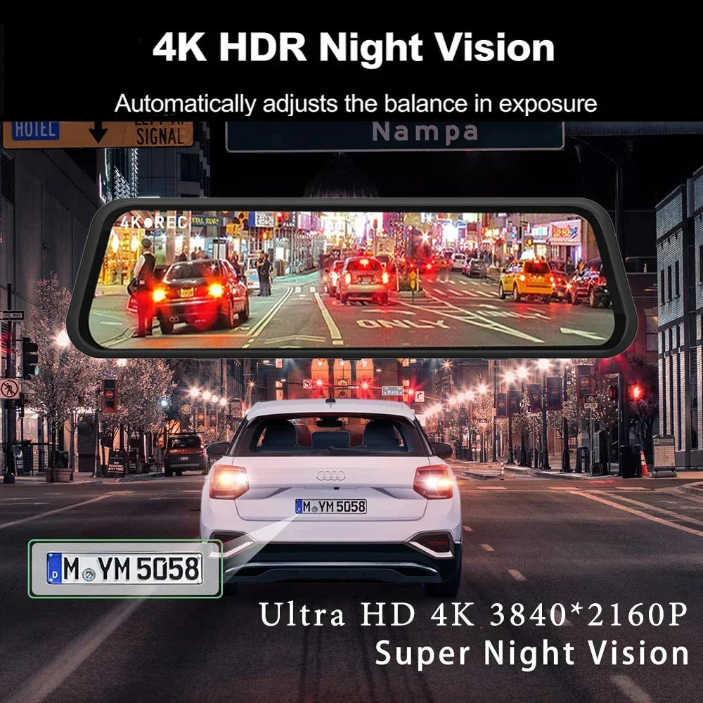 White car on city street at night, featuring a 4K HDR night vision dashcam display with high-definition clarity.