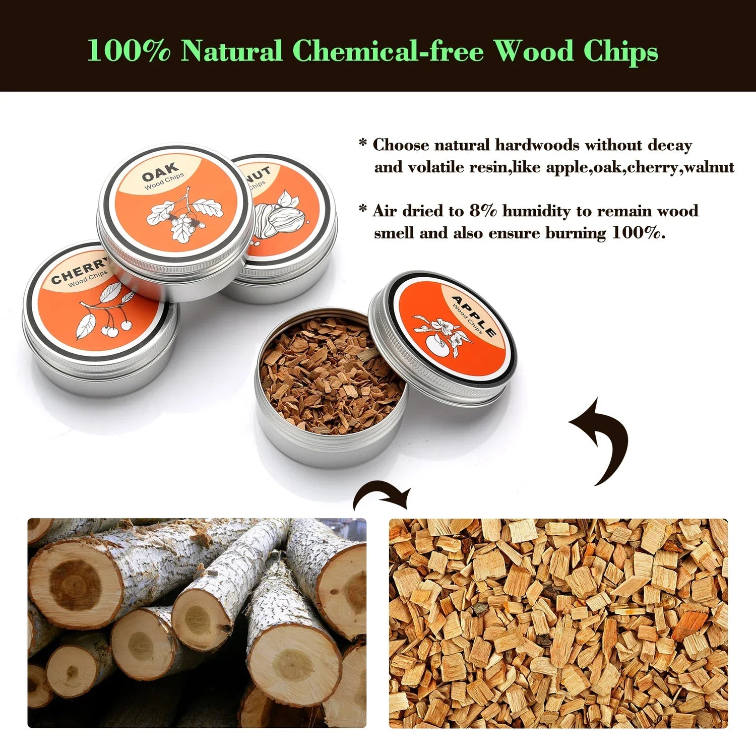 Assorted natural hardwood wood chips in metal tins, labeled oak, cherry, walnut, and apple.