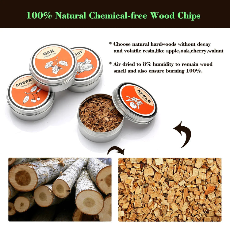 Assorted natural hardwood wood chips in metal tins, labeled oak, cherry, walnut, and apple.