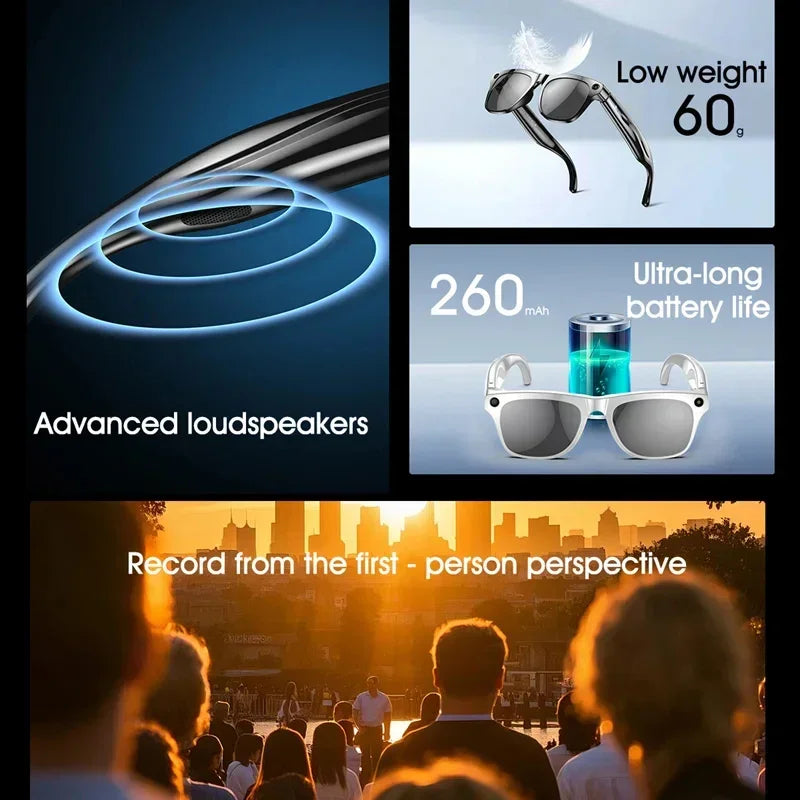 Smart sunglasses with lightweight design, black frame, built-in speakers, and camera recording.