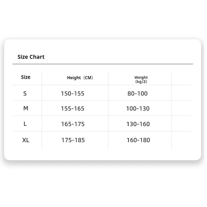 Clothing size chart for streetwear showing sizes S to XL with height and weight ranges in centimeters and kilograms.