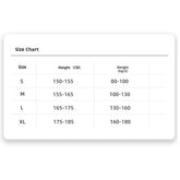 Clothing size chart for streetwear showing sizes S to XL with height and weight ranges in centimeters and kilograms.