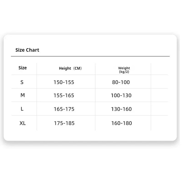 Clothing size chart for streetwear showing sizes S to XL with height and weight ranges in centimeters and kilograms.