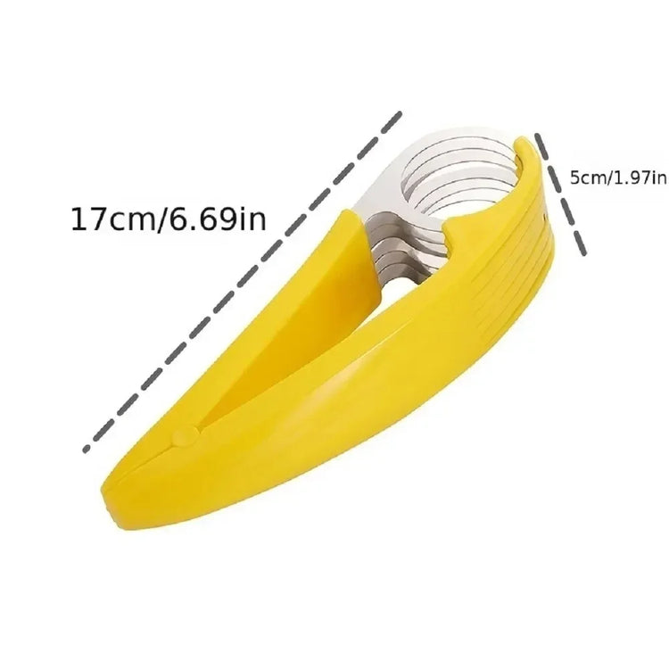 Yellow plastic and stainless steel kitchen slicer tool, 17cm long by 5cm wide