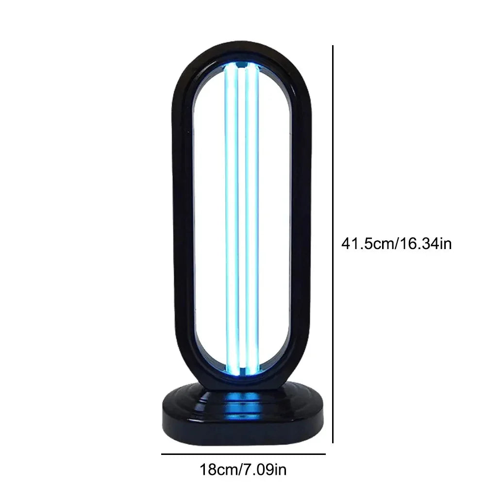 Modern black oval UV lamp with blue light, 41.5cm tall, 18cm wide, tech accessory