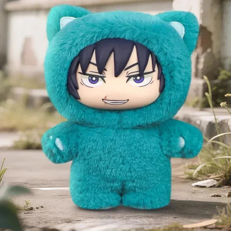 Plush figure in teal fuzzy hooded onesie with animal ears, relaxed fit, outdoors
