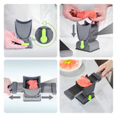 Gray kitchen slicer with green handle used to slice raw fish, shown in step-by-step process.