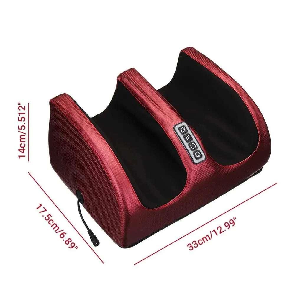 Red foot massager with textured fabric, black inner lining, and control buttons, modern design