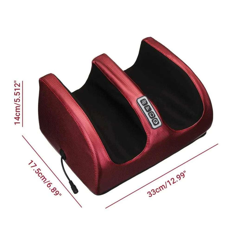 Red foot massager with textured fabric, black inner lining, and control buttons, modern design
