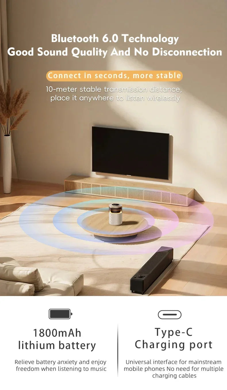 Minimalist living room with a portable Bluetooth speaker on a round wooden table, white and gold design, wireless sound waves, modern tech accessory.