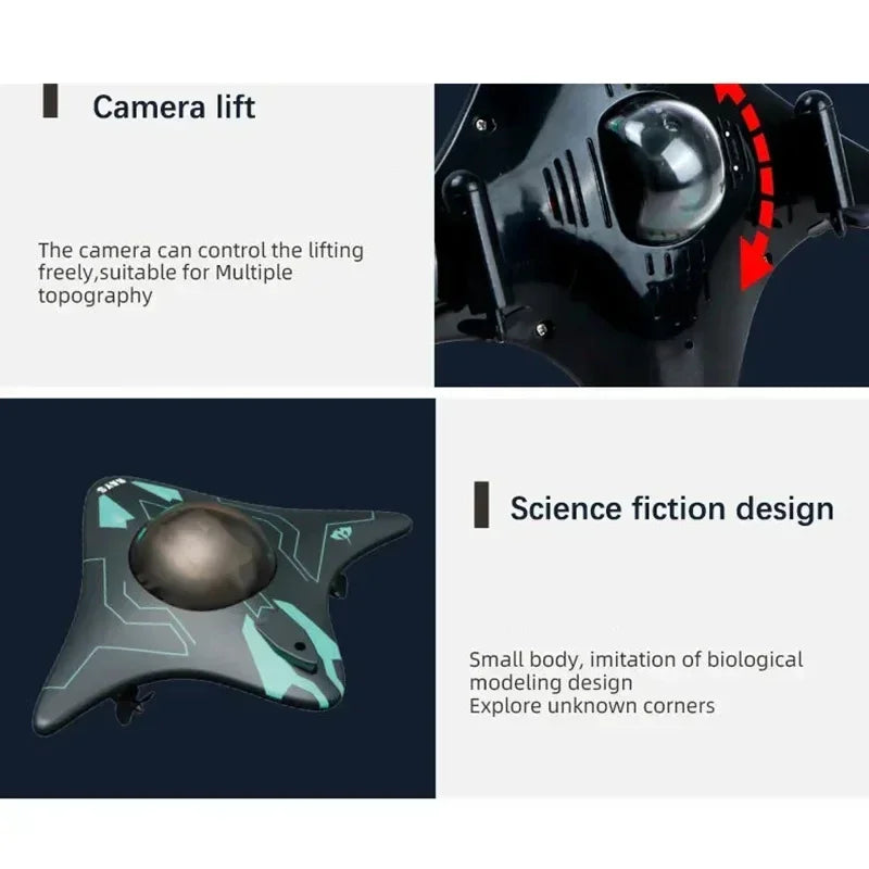 Futuristic black and teal drone with liftable camera, sci-fi inspired angular design