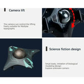 Futuristic black and teal drone with liftable camera, sci-fi inspired angular design