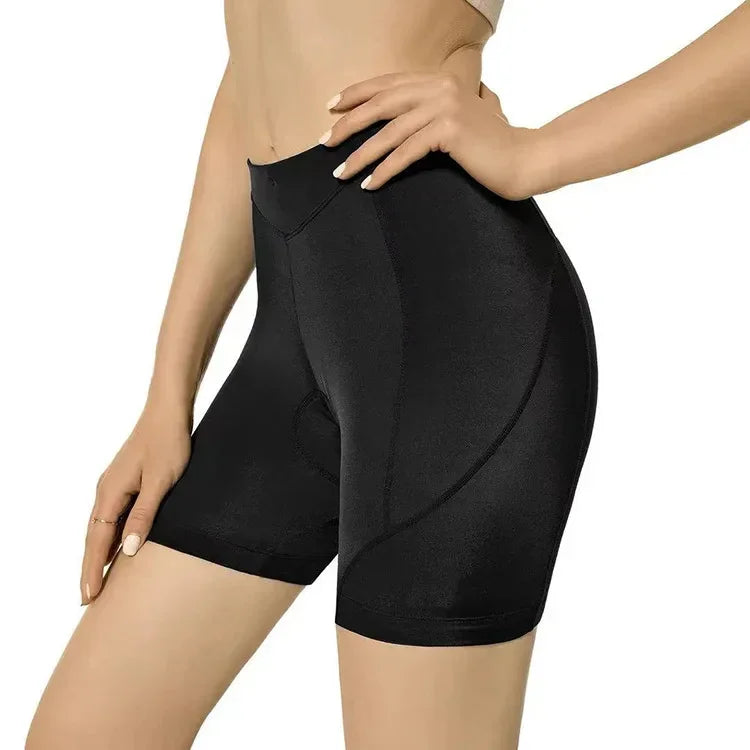 High-waisted black biker shorts, smooth stretch material, slim fit, sporty style