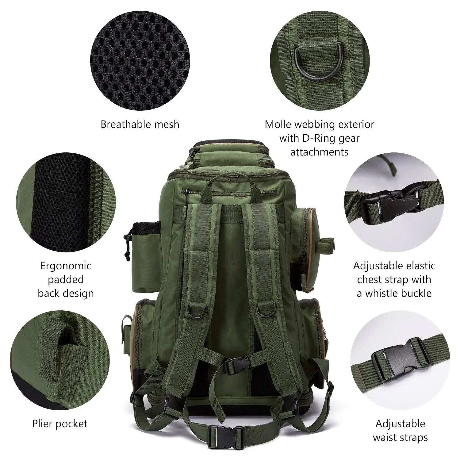 Olive green tactical backpack with breathable mesh, ergonomic padded back, adjustable straps, and Molle webbing.