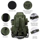 Olive green tactical backpack with breathable mesh, ergonomic padded back, adjustable straps, and Molle webbing.