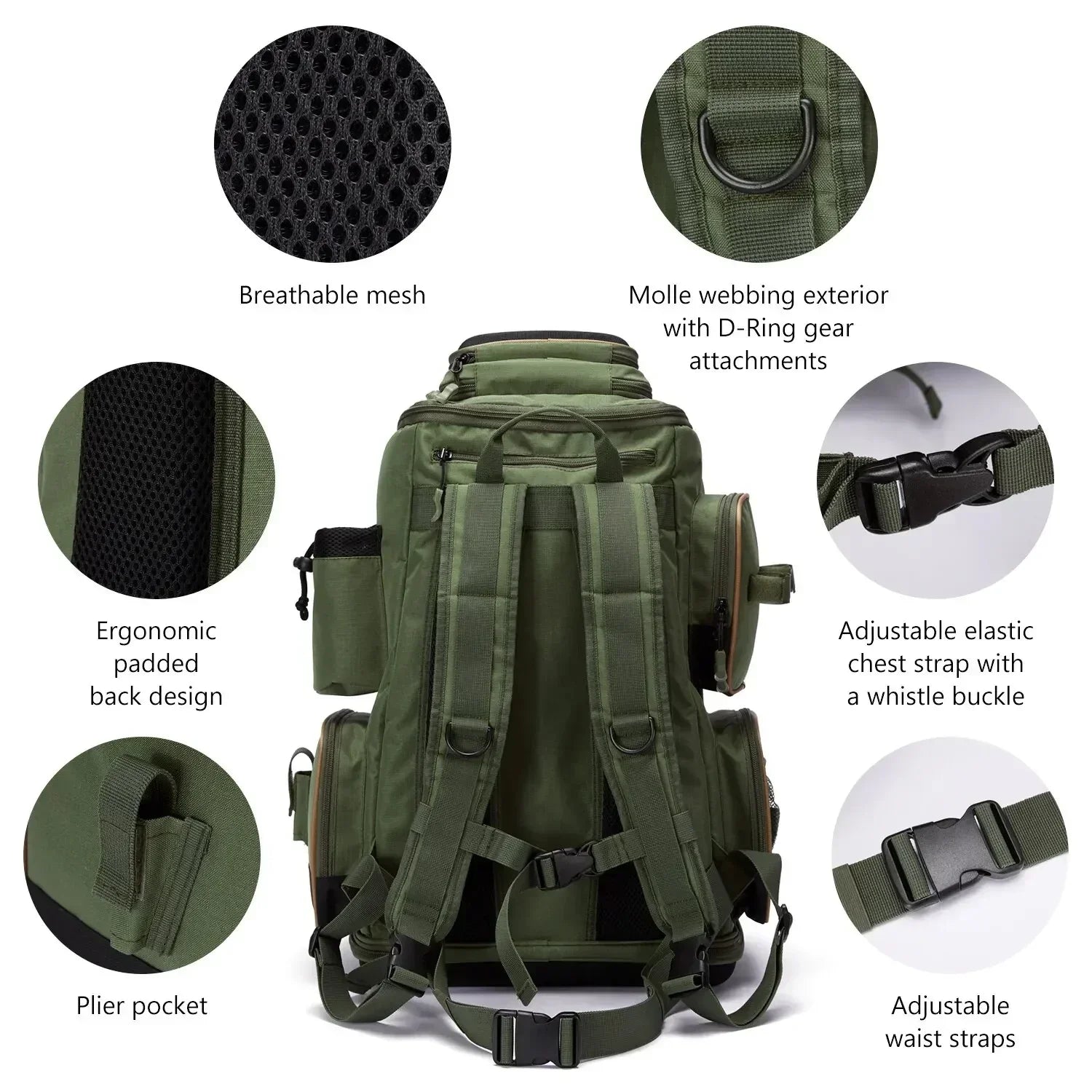 Olive green tactical backpack with breathable mesh, ergonomic padded back, adjustable straps, and Molle webbing.