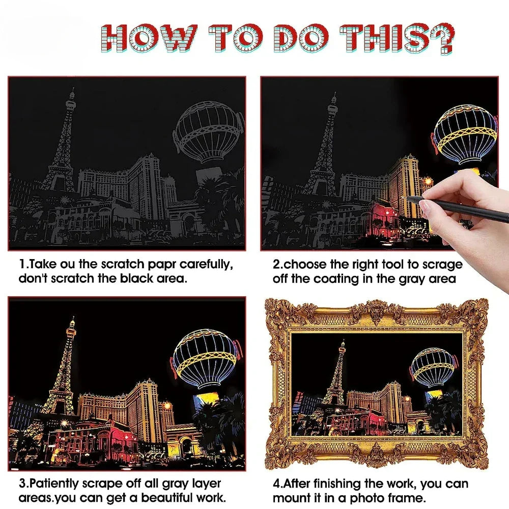 Step-by-step guide for scratch art featuring cityscape, black scratch paper, hand using scratch tool, gold frame.