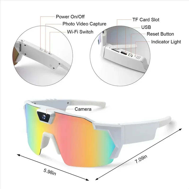 Futuristic white sunglasses with mirrored lens, built-in camera, and tech controls, sporty fit.
