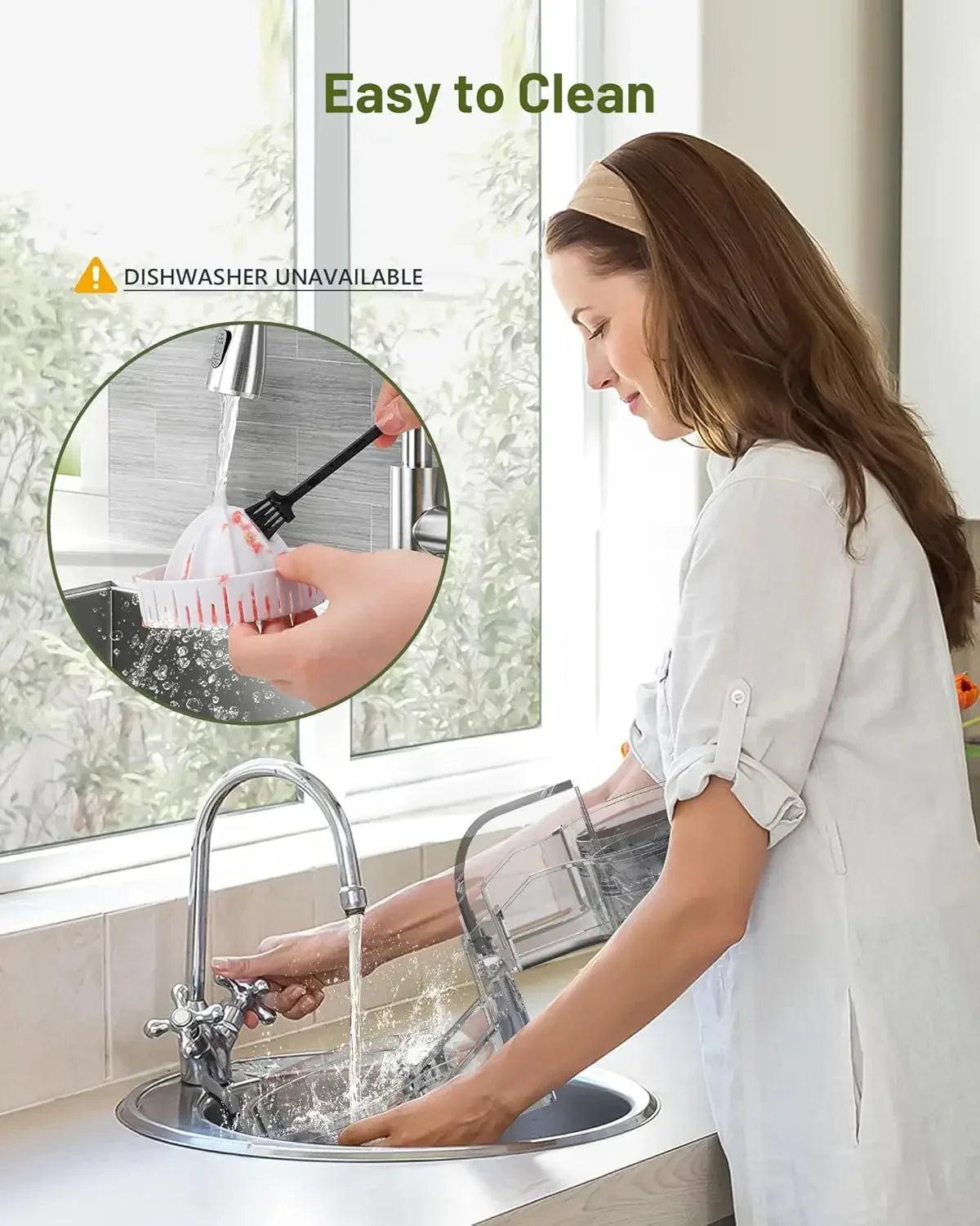 Woman in a light-colored, casual rolled-sleeve shirt hand-washing a plastic kitchen appliance under a sink faucet.