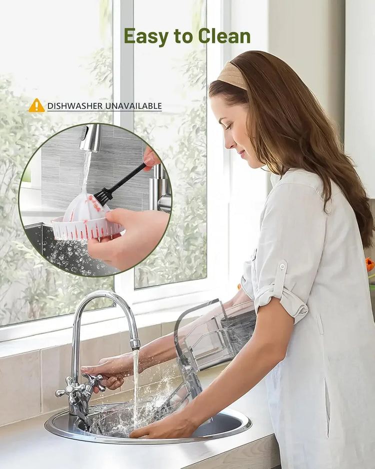 Woman in a light-colored, casual rolled-sleeve shirt hand-washing a plastic kitchen appliance under a sink faucet.