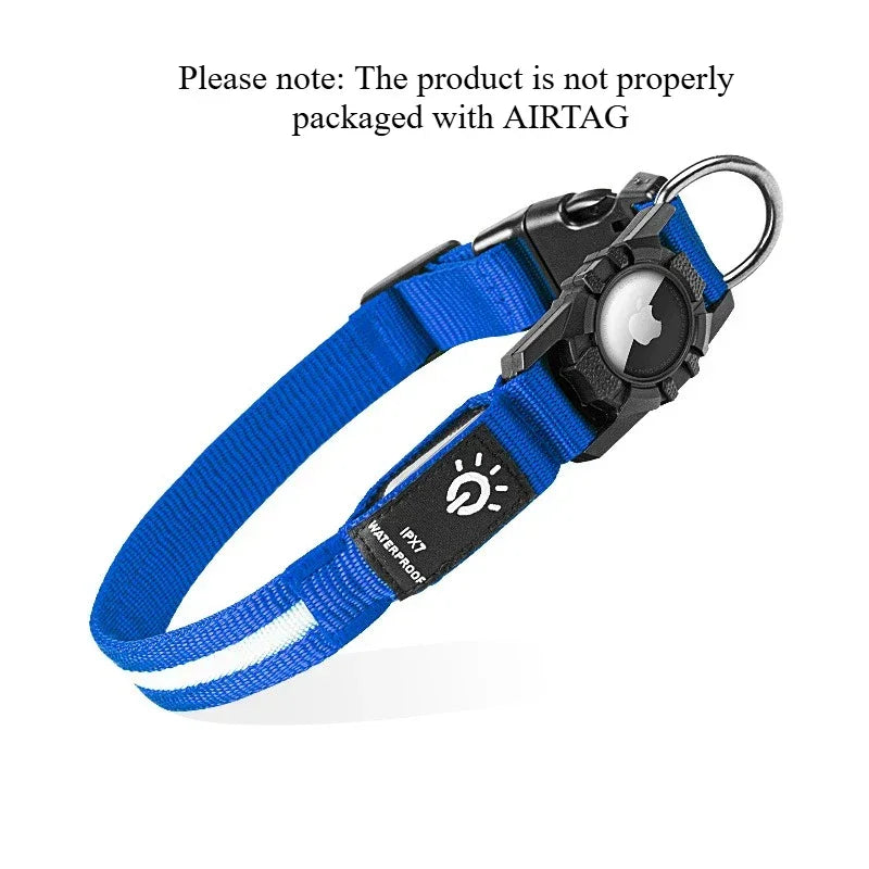 Blue adjustable nylon pet collar with reflective stripe, waterproof tag holder, and secure buckle.