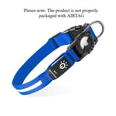 Blue adjustable nylon pet collar with reflective stripe, waterproof tag holder, and secure buckle.