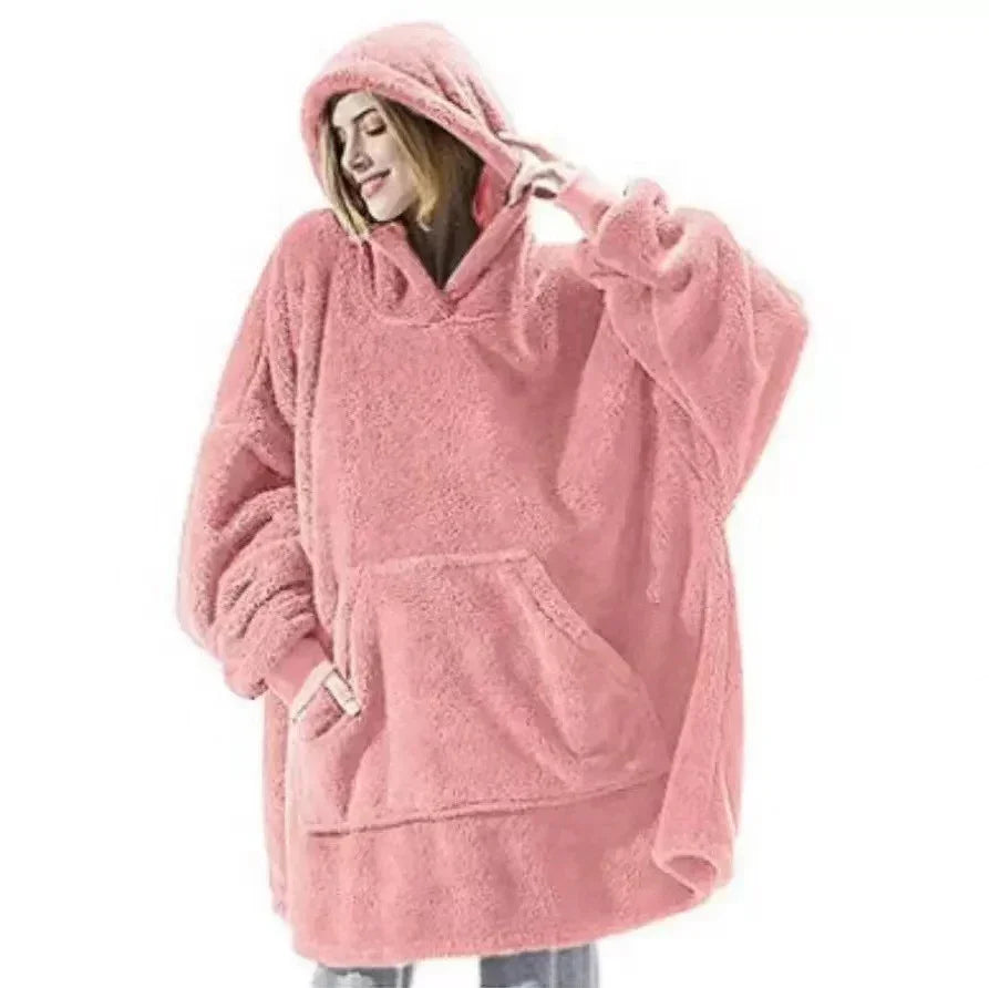 Oversized pink fuzzy hoodie, cozy sherpa material, relaxed fit, kangaroo pocket, hooded style
