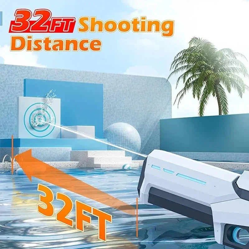 White and blue futuristic water gun shooting 32 feet across a modern pool setting