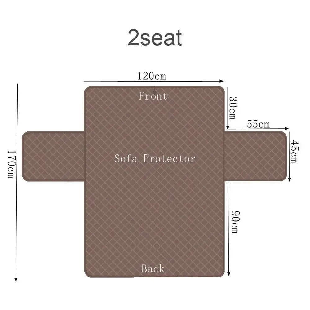 Brown quilted sofa protector cover for 2-seat sofa, with labeled dimensions, durable fabric