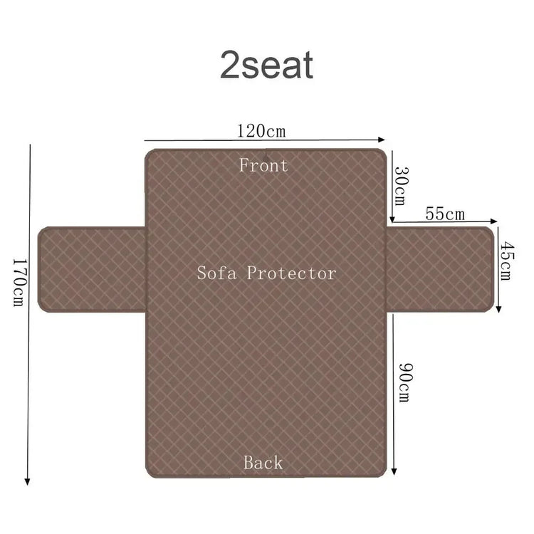 Brown quilted sofa protector cover for 2-seat sofa, with labeled dimensions, durable fabric