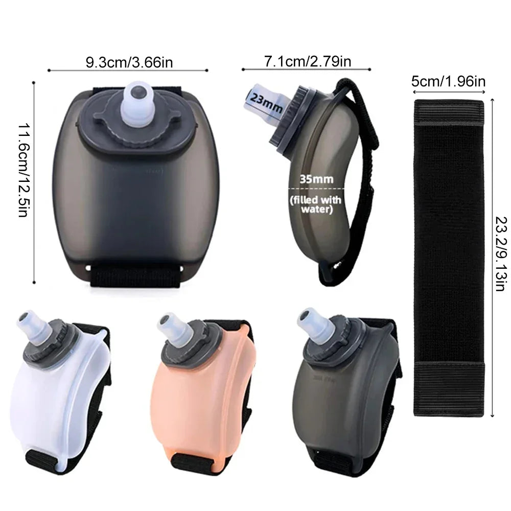 Assorted silicone wearable water bottles with adjustable strap in black, gray, white, and peach, shown with size measurements.
