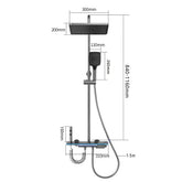 Modern black rainfall shower system with handheld sprayer and adjustable height, detailed dimensions shown
