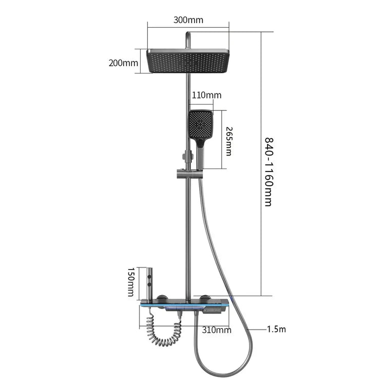 Modern black rainfall shower system with handheld sprayer and adjustable height, detailed dimensions shown