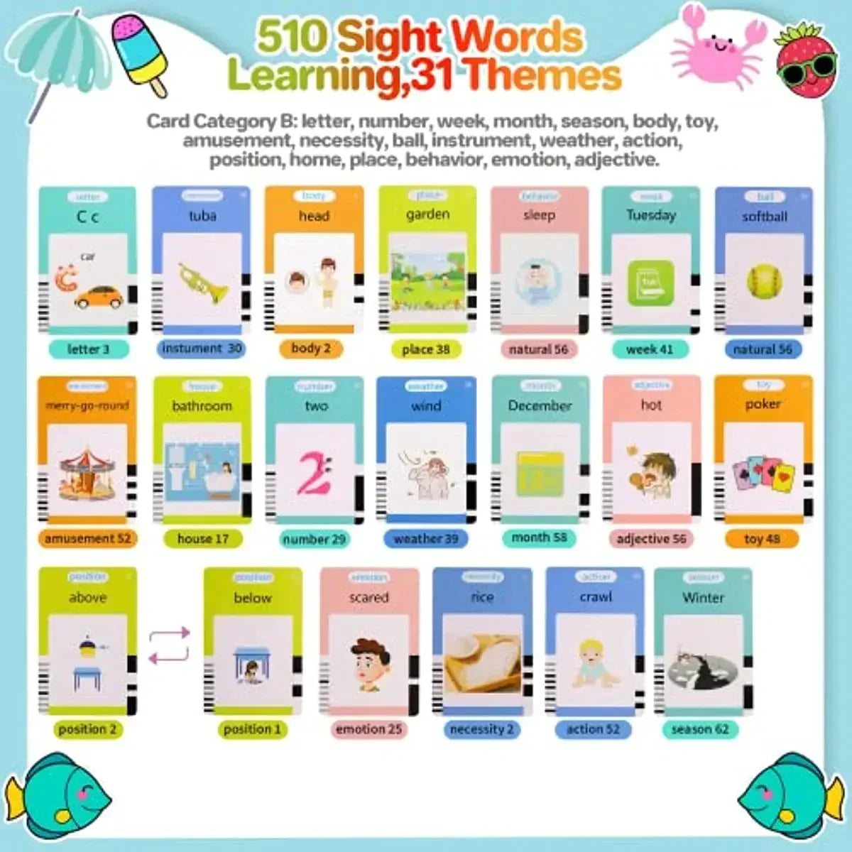 Colorful sight word flashcards for kids featuring themes like letters, numbers, emotions, and seasons