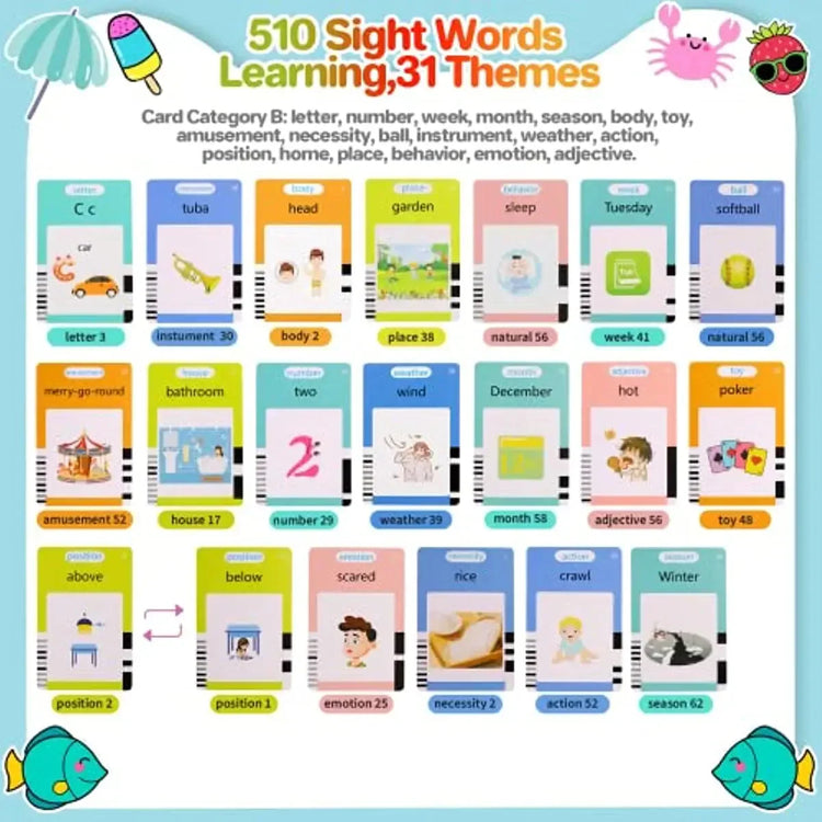 Colorful sight word flashcards for kids featuring themes like letters, numbers, emotions, and seasons