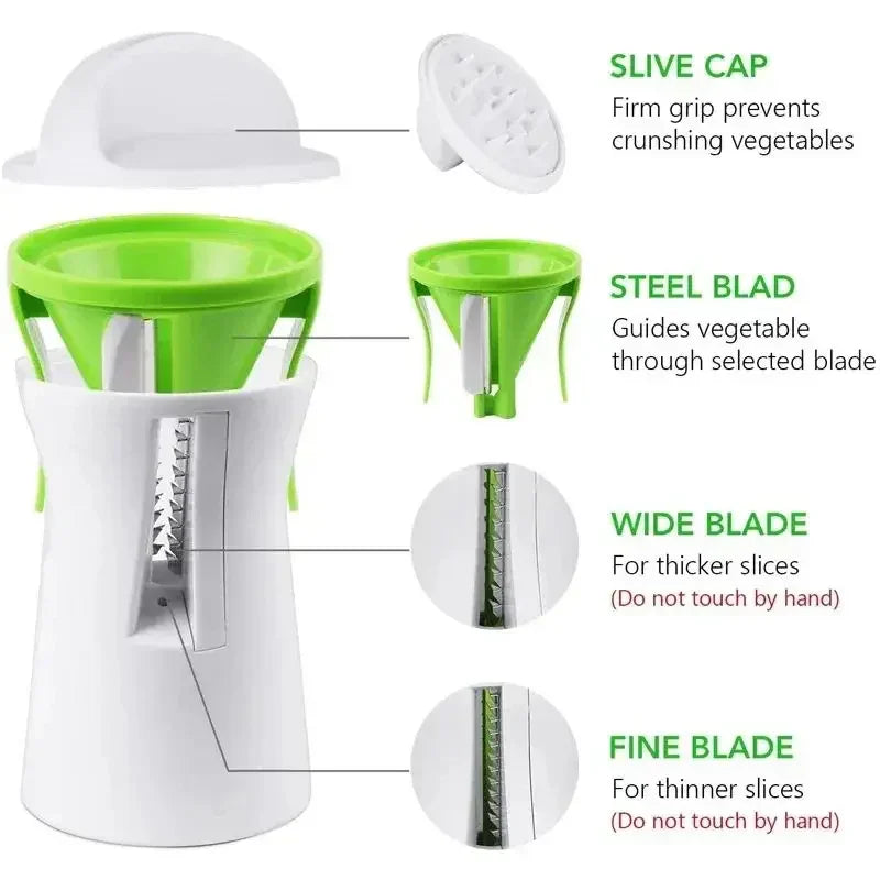 Green and white manual vegetable slicer with steel blades and safety grip for thick and thin cuts