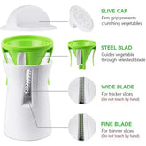 Green and white manual vegetable slicer with steel blades and safety grip for thick and thin cuts