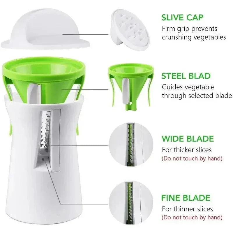 Green and white manual vegetable slicer with steel blades and safety grip for thick and thin cuts