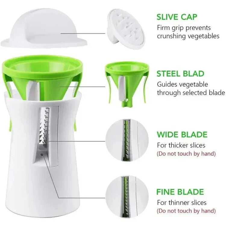 Green and white manual vegetable slicer with steel blades and safety grip for thick and thin cuts