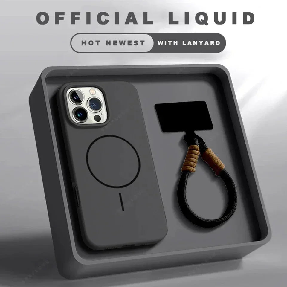 Matte black minimalist phone case with circular pattern, paired with black lanyard in tray.