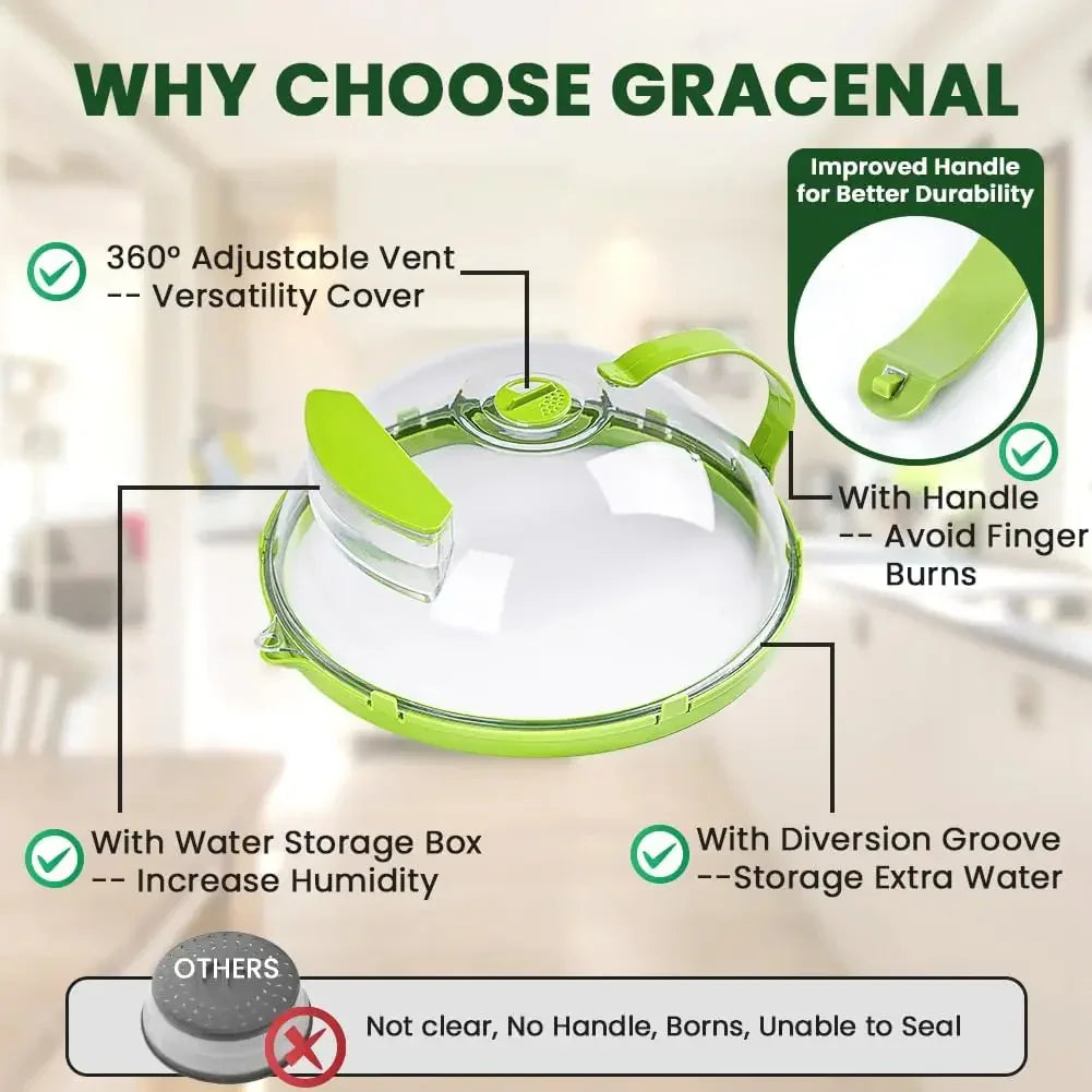 Green and transparent kitchen pot lid with adjustable vent, handle, water storage box, diversion groove, shown on a blurred kitchen background.