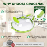 Green and transparent kitchen pot lid with adjustable vent, handle, water storage box, diversion groove, shown on a blurred kitchen background.