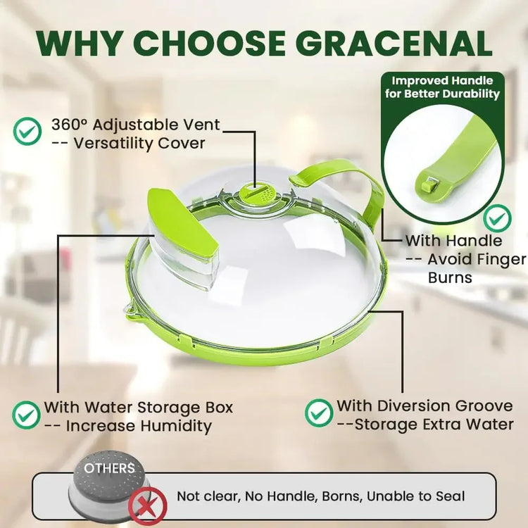 Green and transparent kitchen pot lid with adjustable vent, handle, water storage box, diversion groove, shown on a blurred kitchen background.